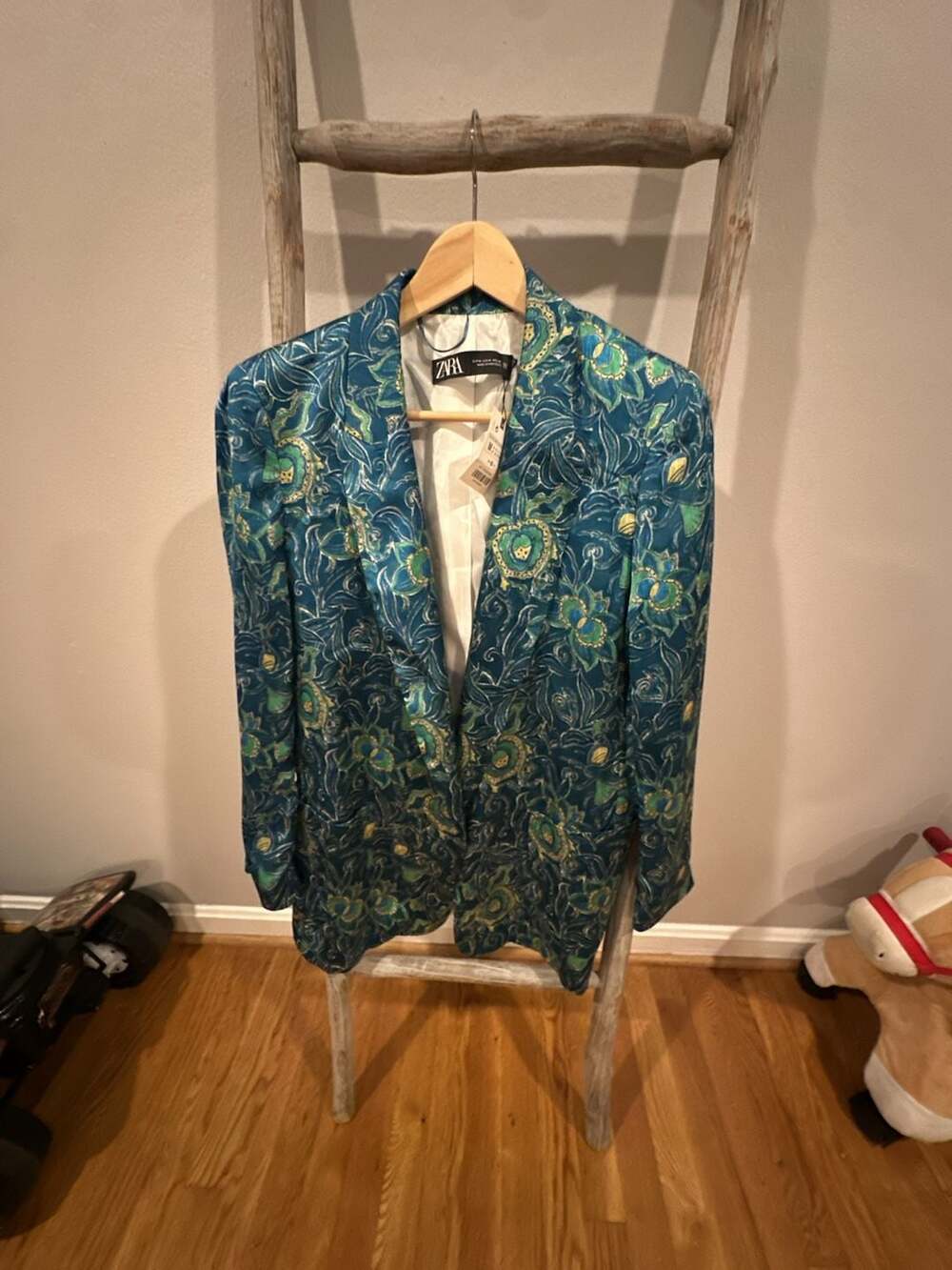Zara Satin-Effect Teal Floral Printed Blazer